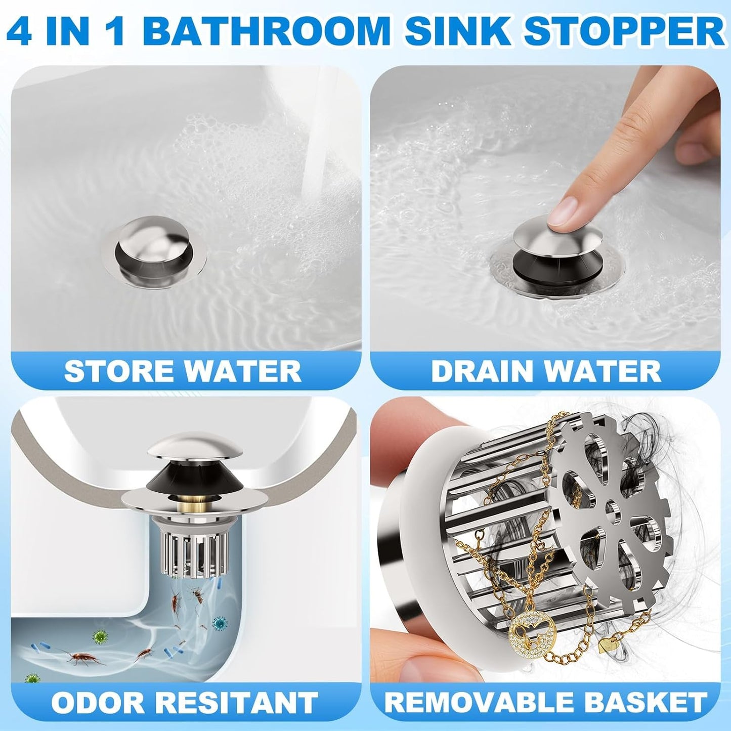 Universal 4 in 1 Bathroom Sink Drain Strainer with Removable Filter Basket, Pop Up Pure Copper Bathroom Sink Stopper, Anti-Clogging Bathroom Drain Stopper Sink Plug (Brushed Nickel)