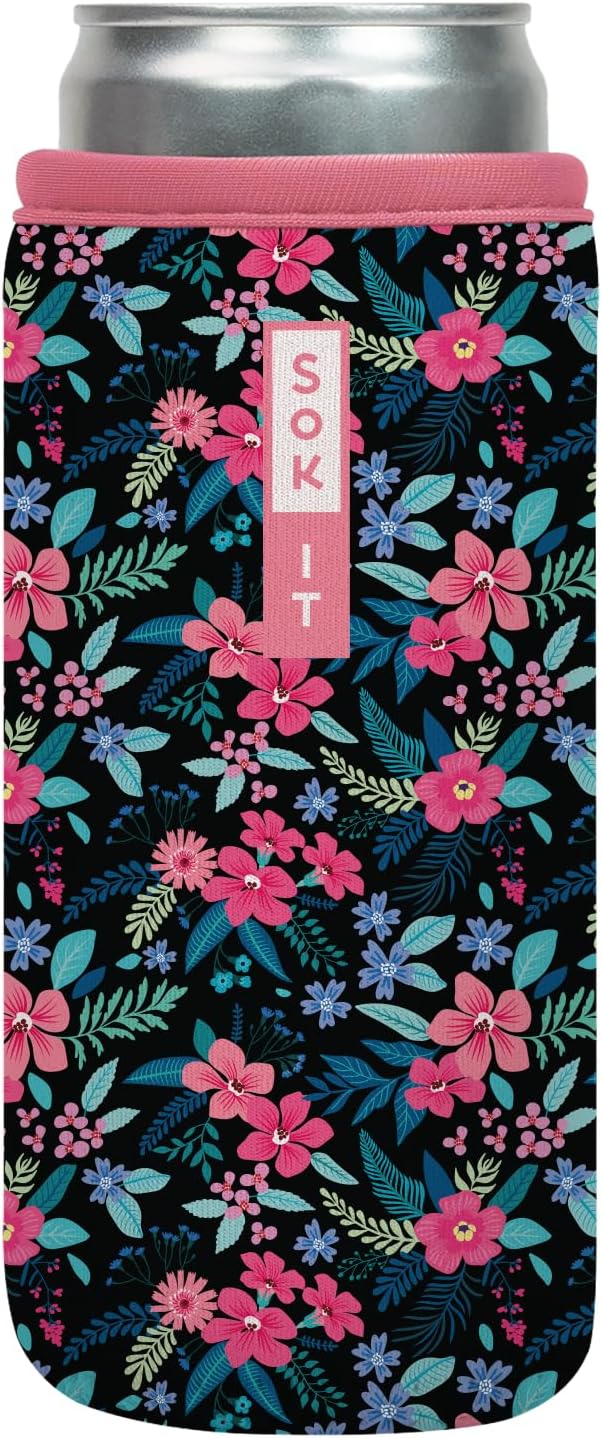 Sok It CanSok Sleeve for Beer & Soda Insulated Neoprene Cover (Tropical Blooms, 12oz Slim Can Sleeve)