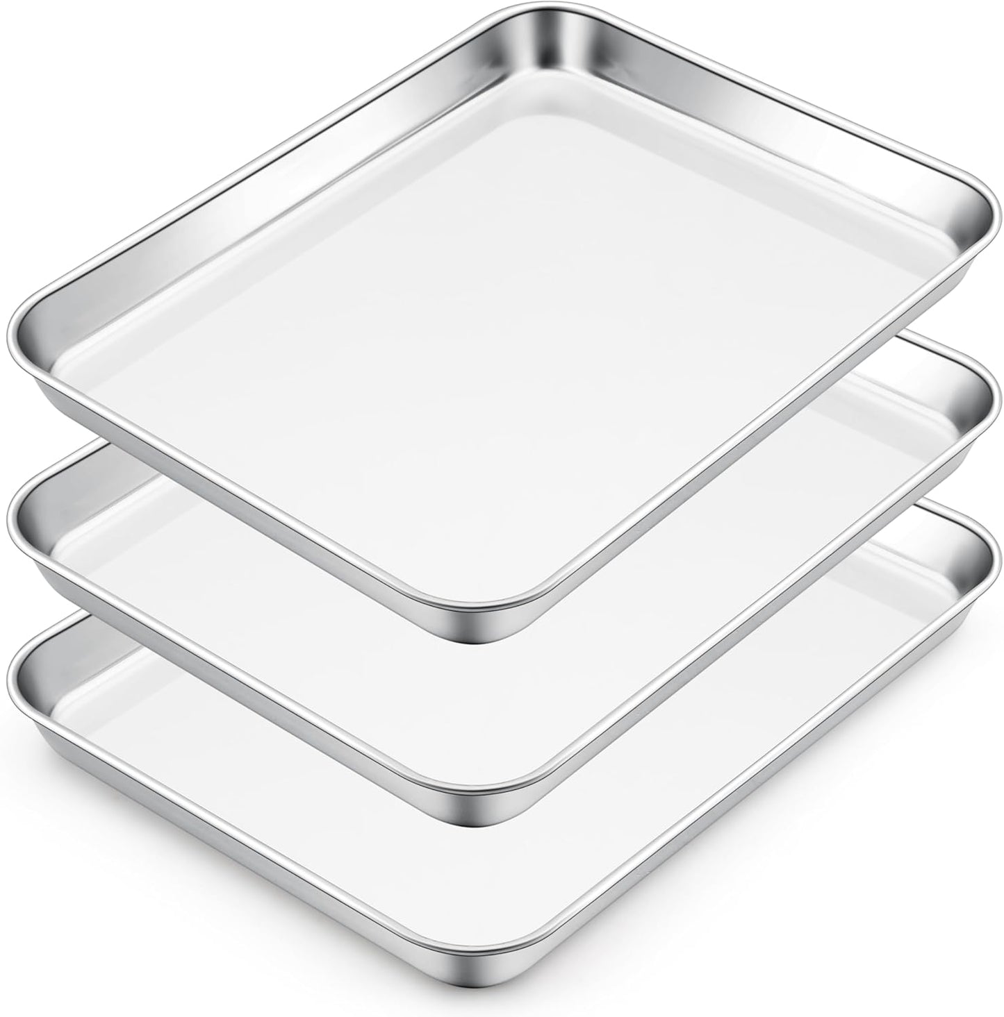 E-far Small Baking Sheet Set of 3, 10.5”x8.3” Stainless Steel Cookie Sheets Pans, Compact Non-toxic Metal Toaster Oven Trays for Cake, Healthy & Rust Free, Mirror Finish & Dishwasher Safe