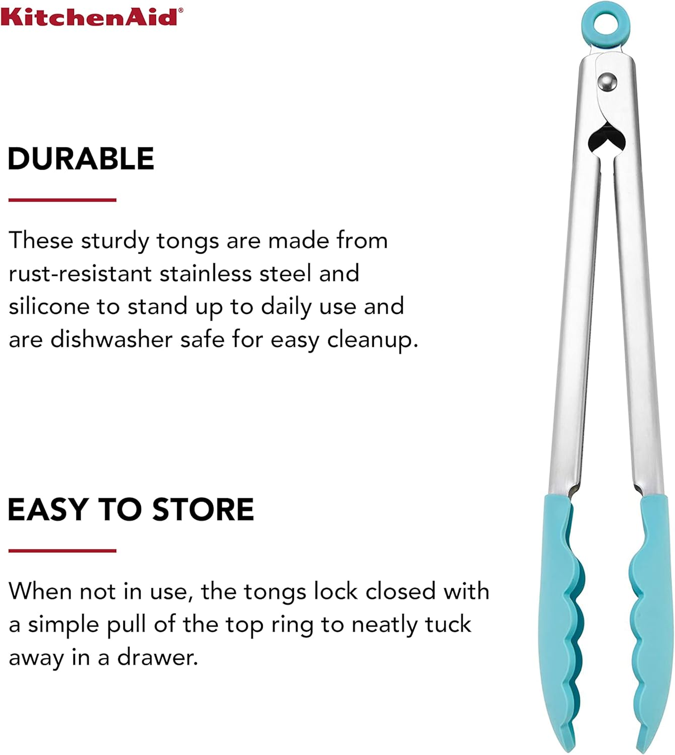 KitchenAid Silicone Tipped Stainless Steel Tongs, 12 Inch, Aqua Sky