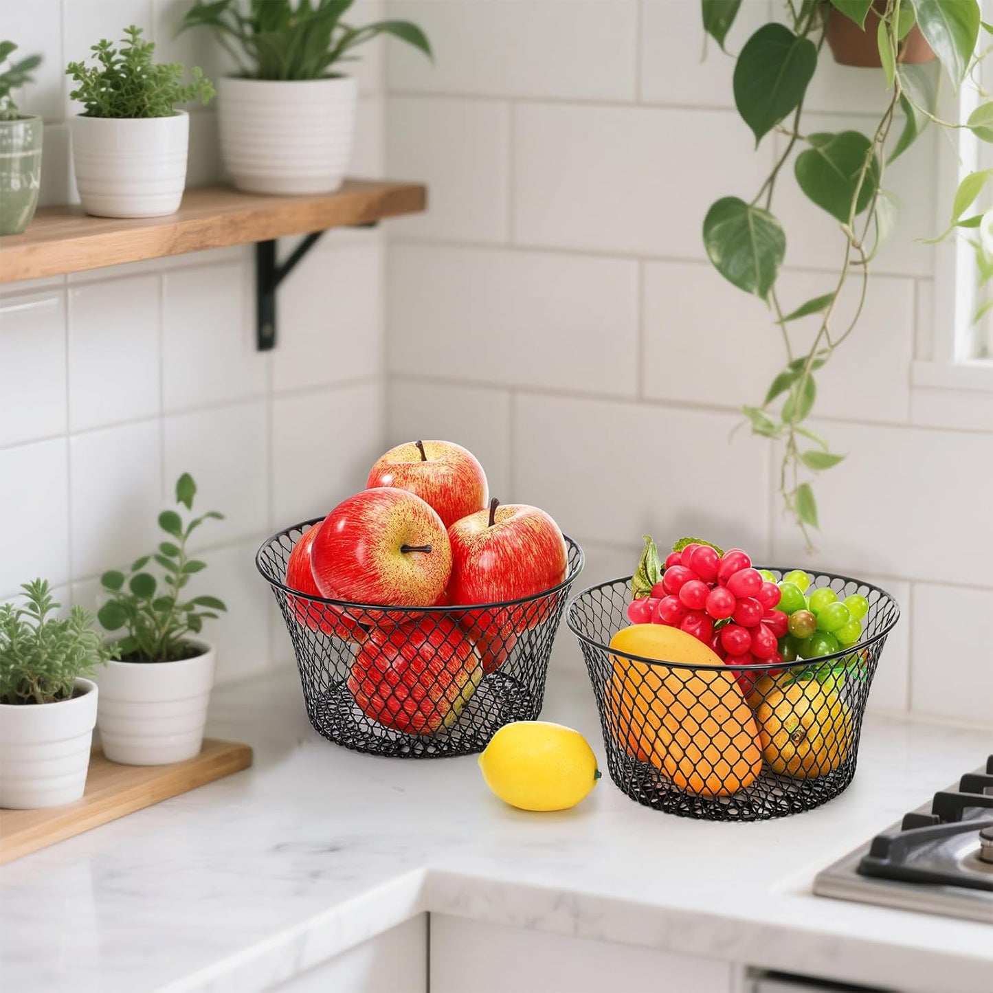 6 Pack Metal Wire Baskets for Kitchen Storage, Modern Black Countertop Fruit Bowl, Round Produce Organizer, Multi-Purpose for Fruits, Snacks, Breads