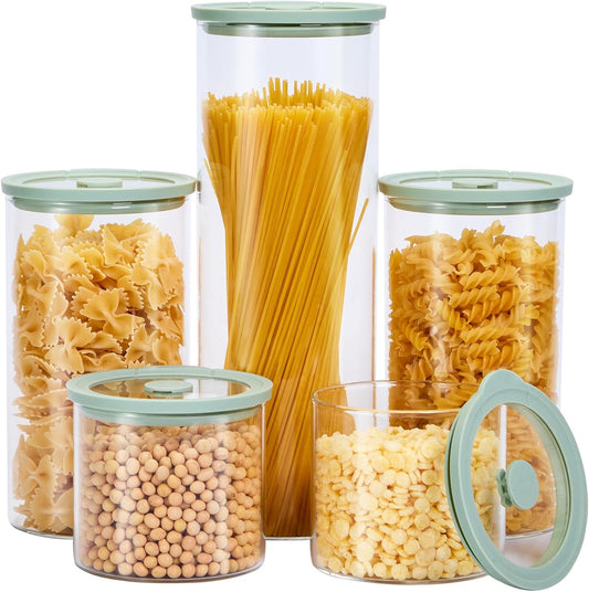 Glass Food Storage Jars with Lids[Set of 5], Perfect for Pasta, Cookies, Nuts, Coffee, Cereal, Flour, and More, Organize Your Kitchen with these BPA-Free Glass Jars with Silicone Lids