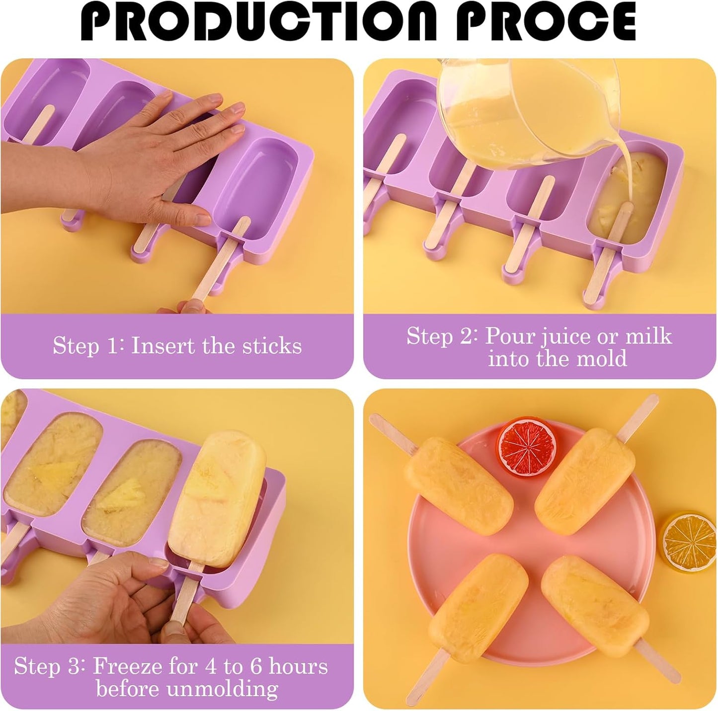 Sakolla Silicone Popsicle Molds Set of 3, Large Oval 4 Cavities Homemade Ice Pop Molds with 150 Wooden Sticks for Ice Cream, Cakesicles, Cake Pop (Purple)