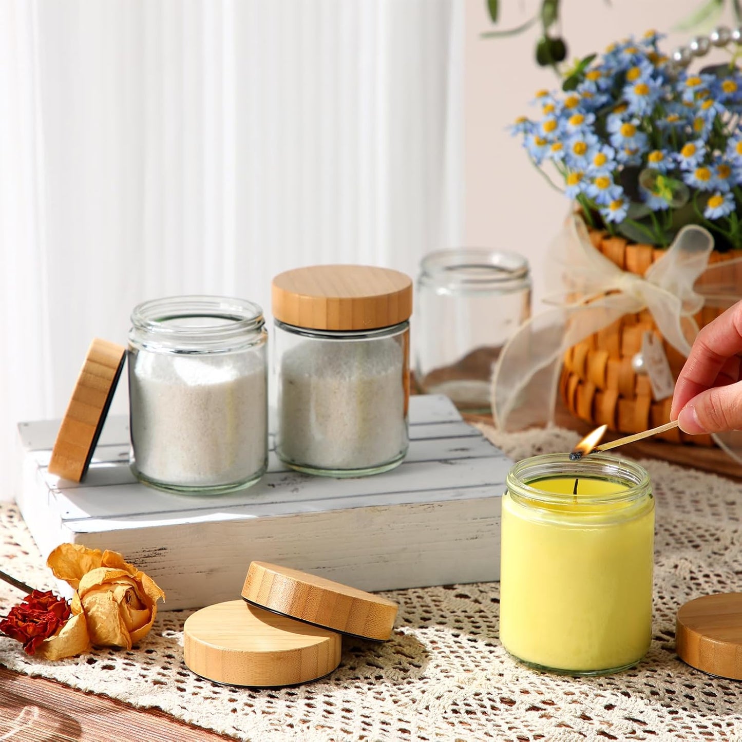 Norme 24 Pcs 8 oz Glass Jars with Lids Empty Small Glass Containers and Inner Liners Reusable Cosmetic Jars Round Airtight Bottles with Plastic Woodgrain Lids for Travel