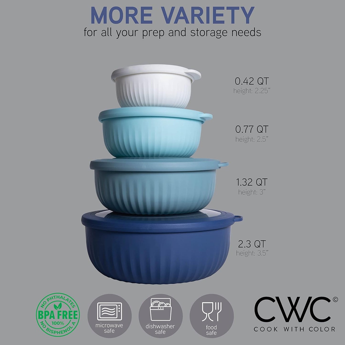 COOK WITH COLOR Prep Bowls with Lids- Wide and Deep Nesting Plastic Small Mixing Bowl Set with Lids, 8 Piece Set - Wide Bowls, Blue