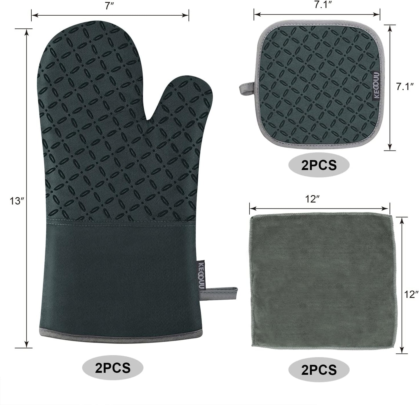 KEGOUU Oven Mitts and Pot Holders 6pcs Set, Kitchen Oven Glove High Heat Resistant 500 Degree Extra Long Oven Mitts and Potholder with Non-Slip Silicone Surface for Cooking (Deep Green)