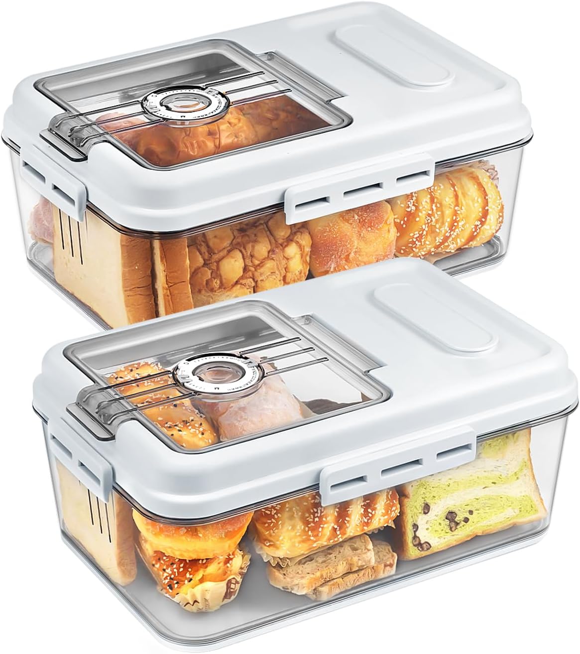 Dynta 2 Pack Bread Box for Kitchen Countertop Airtight Bread Storage Container with Lid Time Recording Plastic Bread Keeper for Homemade Bread, Toast, Loaf and Cookies