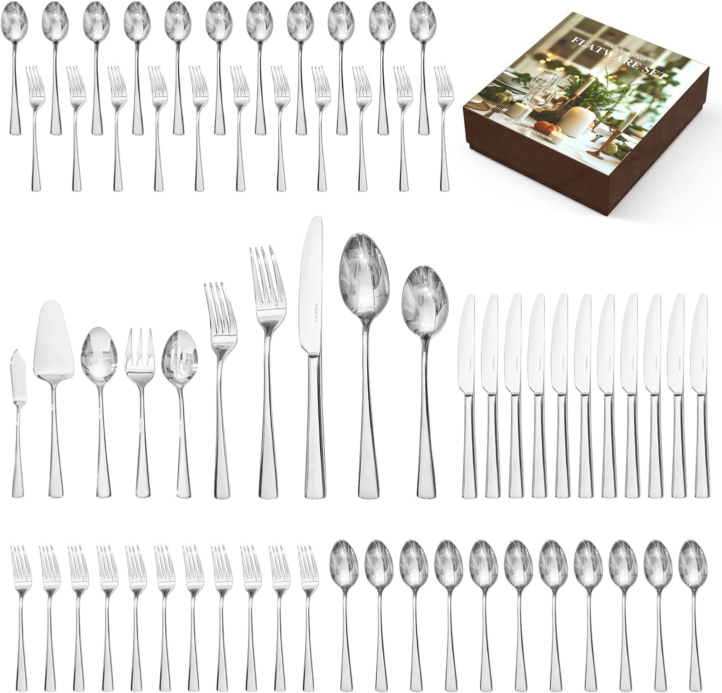 KINGSTONE Silverware Set for 12, 65-Piece Forged 18/10 Stainless Steel Flatware Set, Mirror Finish Cutlery Set Dishwasher Safe for Home, Restaurant, Wedding, Party