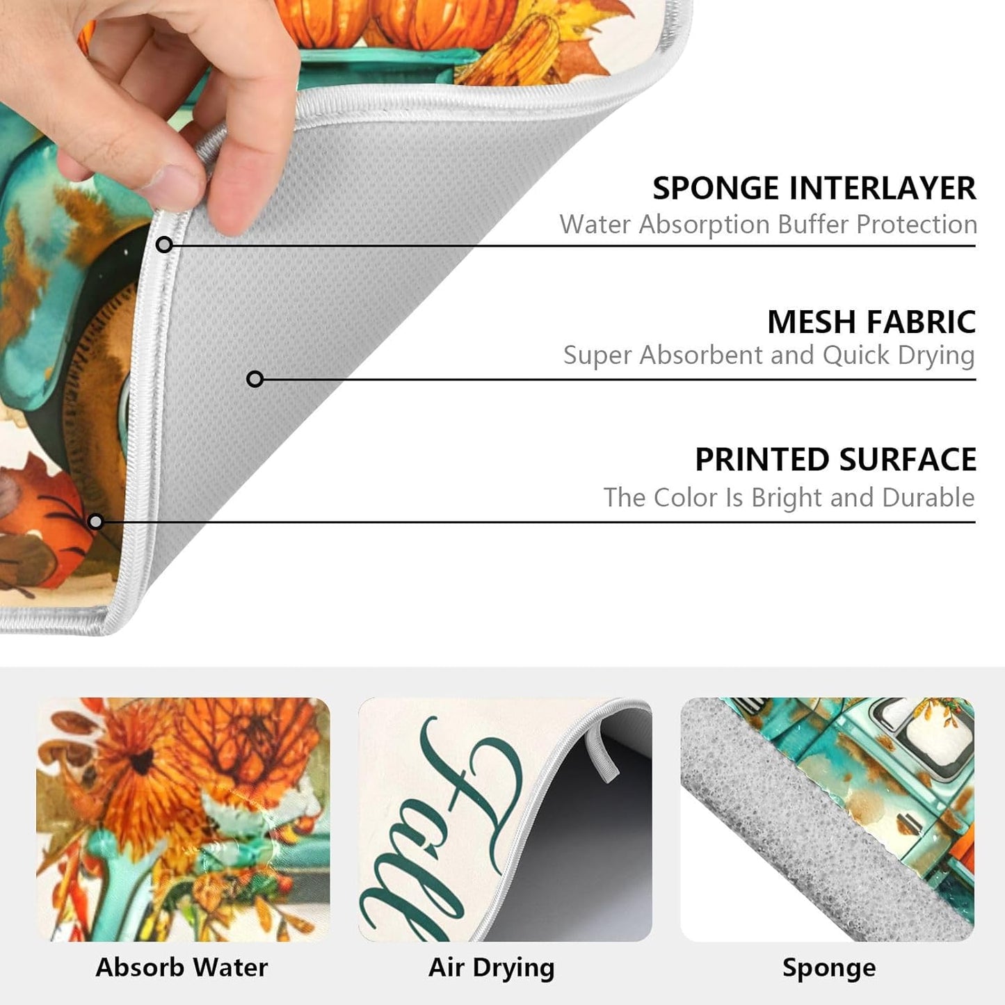 Vintage Fall Truck with Pumpkins Autumn Leaves Dish Drying Mat for Kitchen Counter Absorbent Microfiber Large Drying Pad Dish Mats for Kitchen Countertops 18 x 24 Inch