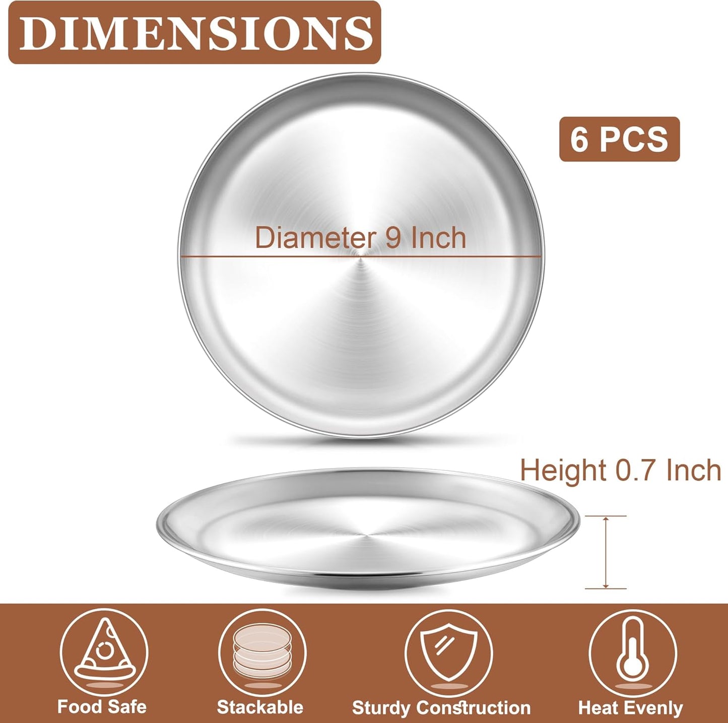 TeamFar Pizza Pan, 9 Inch Stainless Steel Pizza Trays, Small Round Pizza Plate for Toaster Oven Kitchen Home Baking Cooking Serving, Healthy & Sturdy, Easy Clean &Dishwasher Safe, Set of 6
