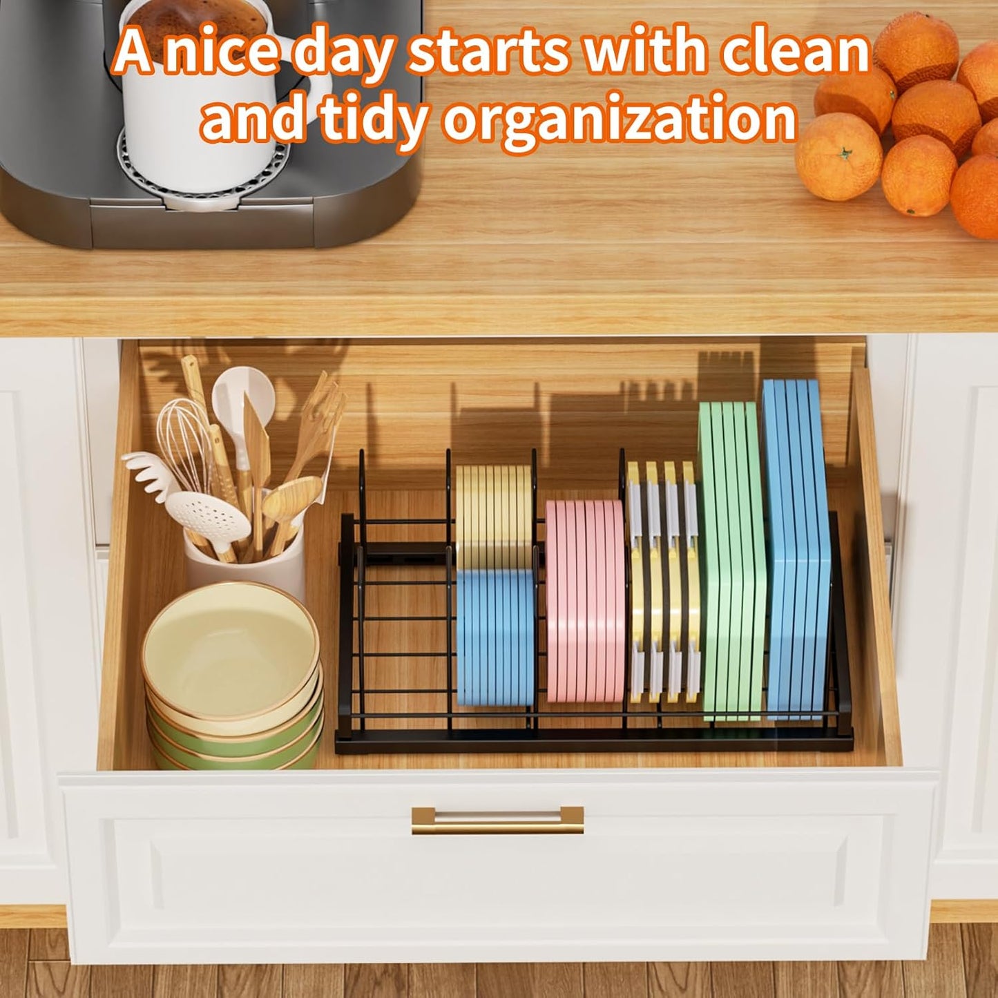 Food Container Lid Organizer for Cabinet, 6 Adjustable Dividers Metal Pot Lid Organizer, Pots and Pans Organizer Under Cabinet Storage Plastic Lids Pots Cookie Sheets for Cabinets, Cupboards, Drawers