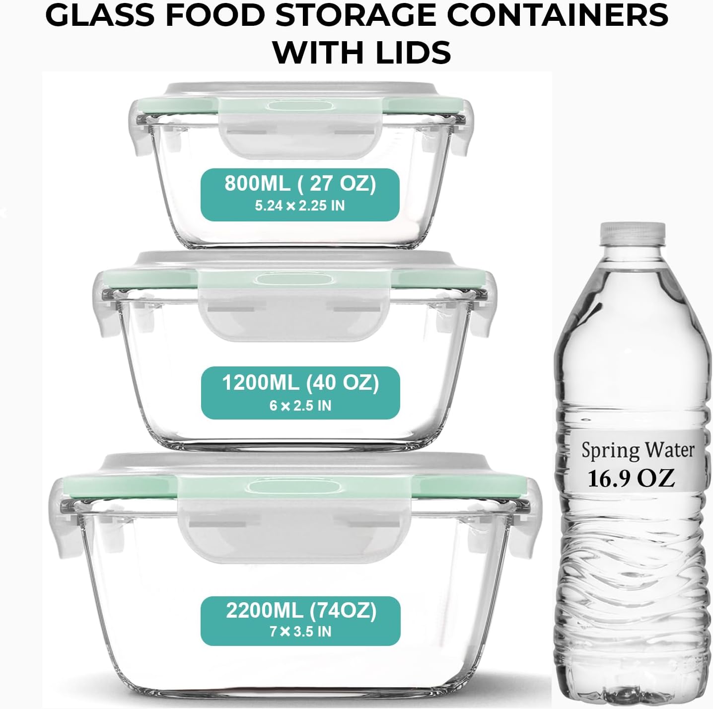 Razab 6 PC Square Glass Food Storage Containers with Airtight lids (74, 40 & 27 oz) Kitchen Glass Meal Prep Containers Set for Freezer Reusable Leftover Lunch Boxes, Oven, Microwave, Dishwasher Safe