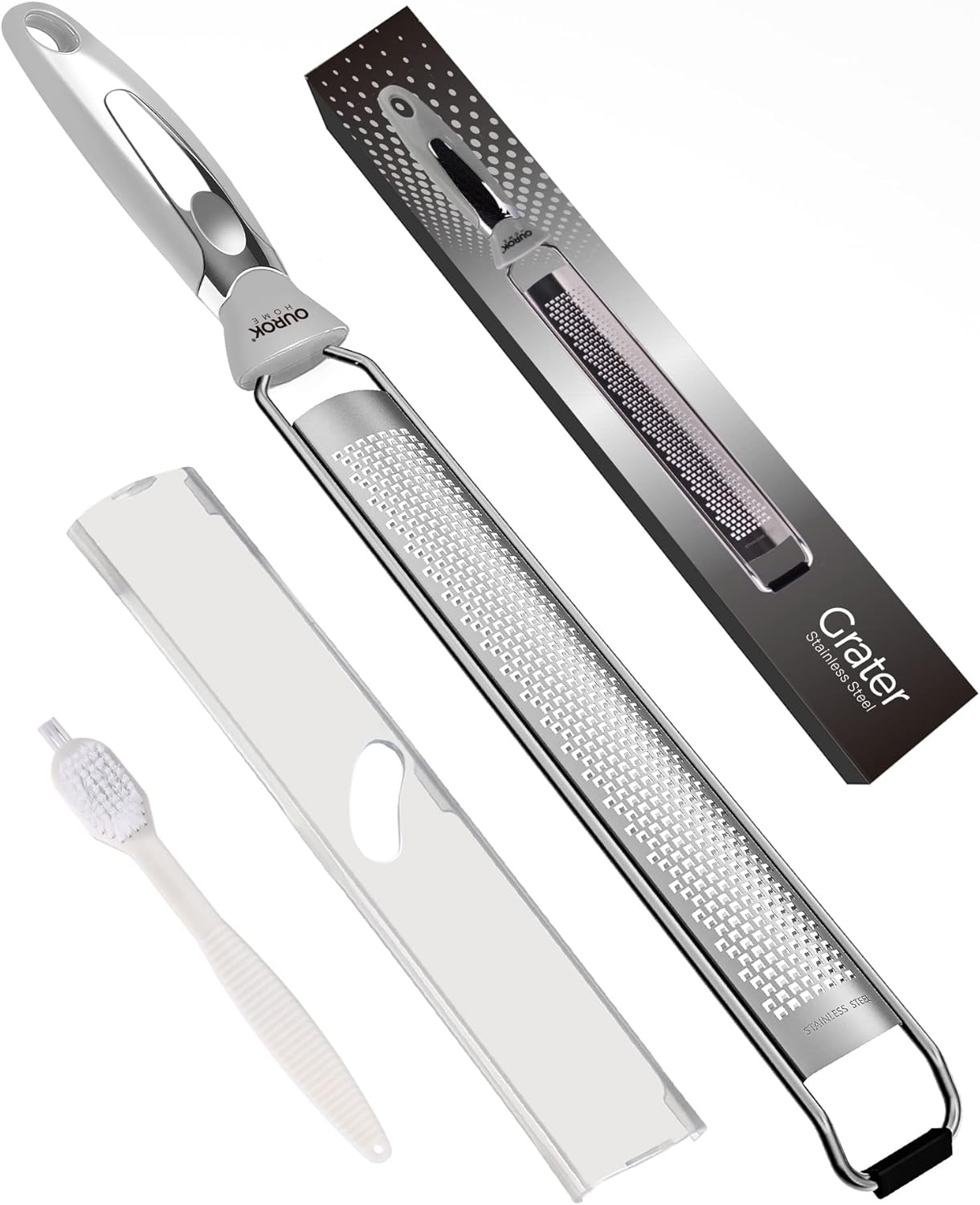 Ourokhome Kitchen Lemon Zester, Stainless Steel Hand Held Parmesan Cheese Grater for Ginger, Chocolate, Coconut, Lime, Nutmeg, Citrus, Fruit, Vegetable with Cleaning Brush, Dishwasher safe, Gray
