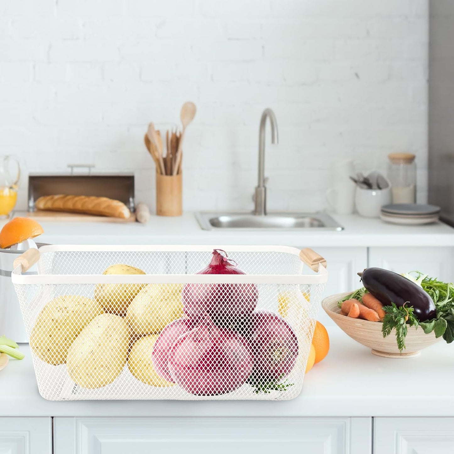 Potato and Onion Storage Bin, 2 Set Potato Bin Storage and Onion Container with Wooden Handle, Pantry Kitchen Organization and Storage, Metal Mesh Baskets for Fruit, Vegetable, Produce-White