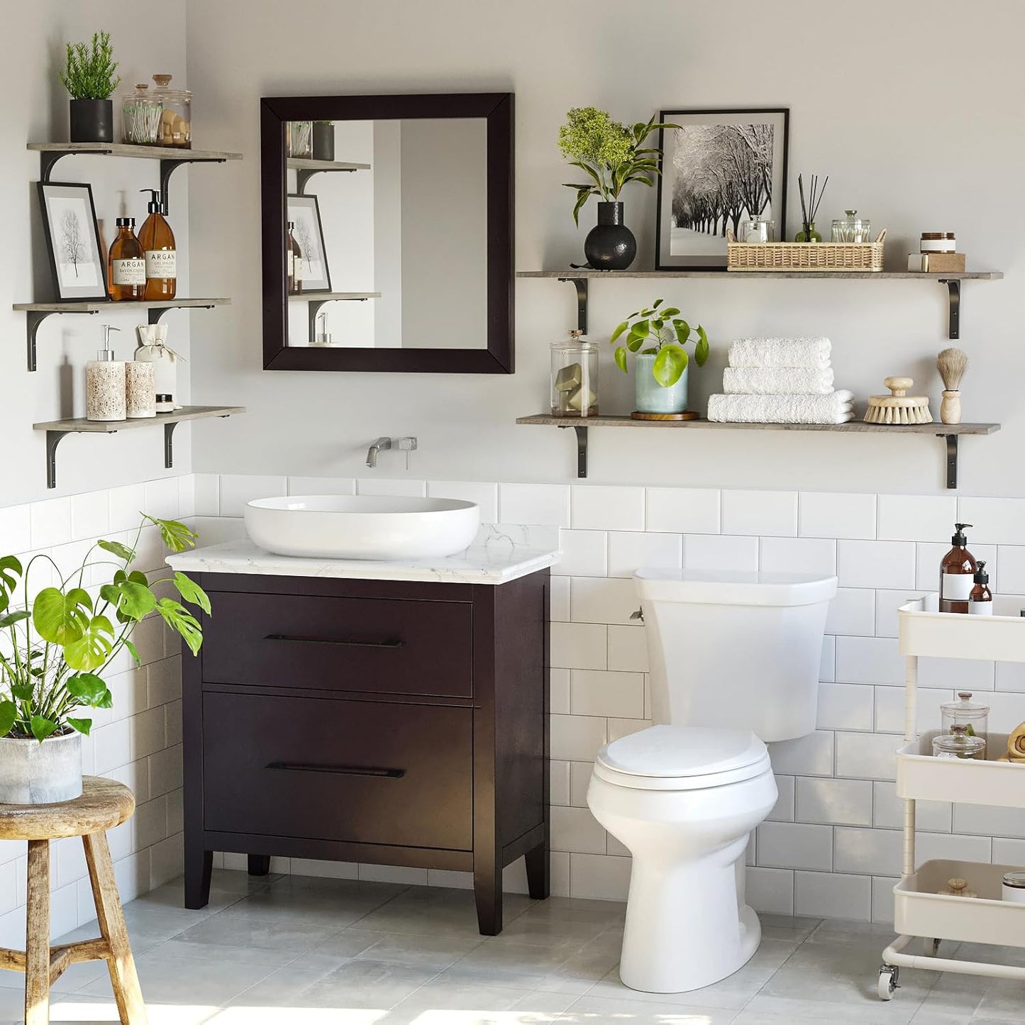 DINZI LVJ Long Wall Shelves, 23.6 Inch Wall Mounted Shelves Set of 2, Easy-to-Install, Wall Storage Ledges with Sturdy Metal Brackets for Living Room, Bathroom, Bedroom, Kitchen, Gray Wash