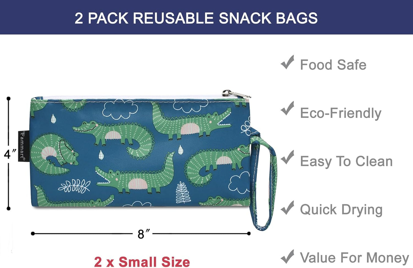 Reusable Sandwich Bag/Snack Bag for Kids & Adults, Dual Layer Lunch Bag with Handle, Washable, Food Safe, BPA Free (2-Pack, Green Crocodile)
