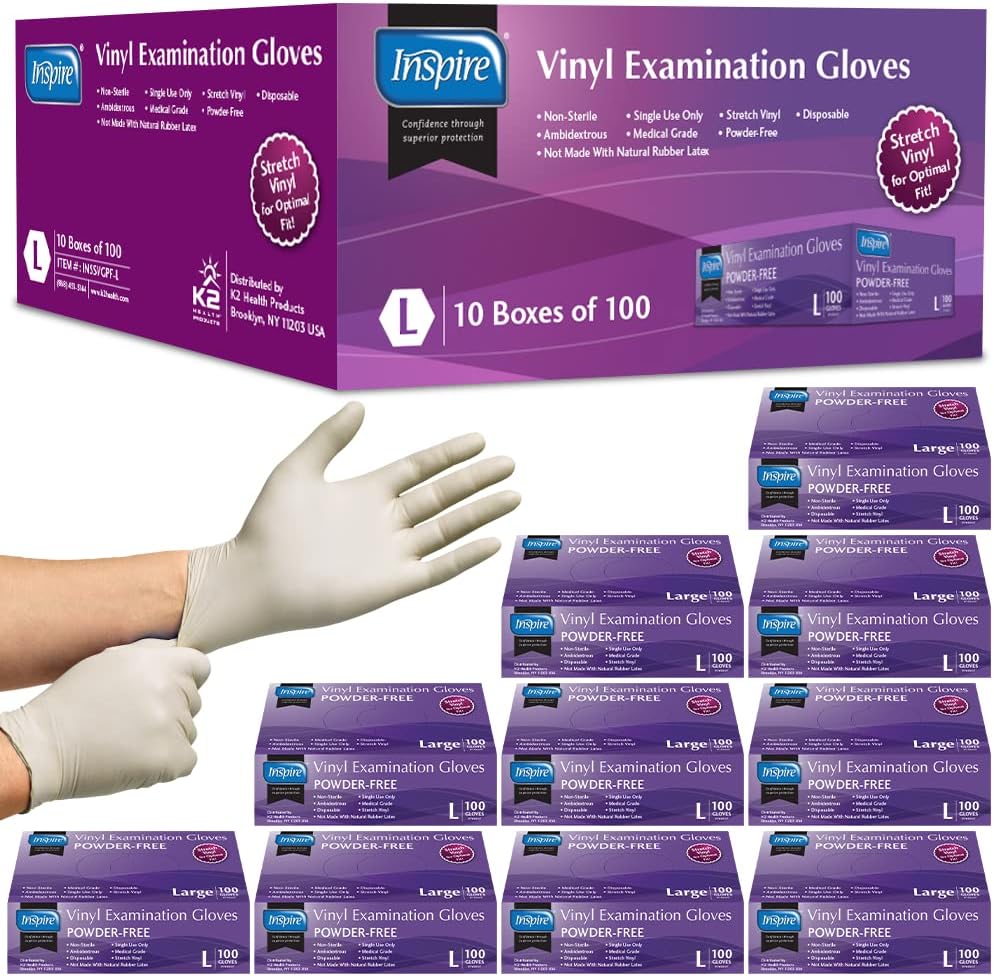 Inspire Stretch Vinyl Exam Gloves | THE ORIGINAL Quality Disposable Latex Free Medical Glove Cleaning Cooking Food Service Labs Healthcare and Household, Large 1000 Count
