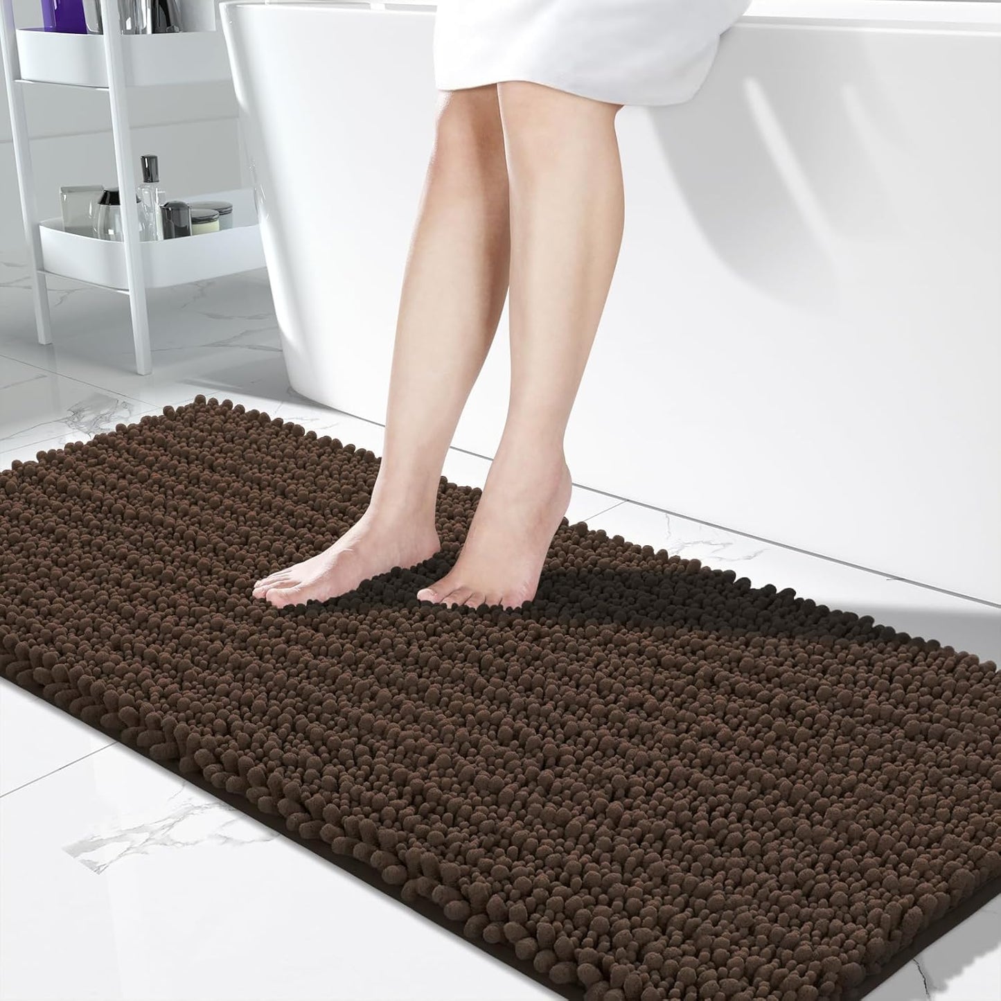 Yimobra Bathroom Runner Rug 60x24 Inch - Extra Long Non Slip Chenille Bath Mat, Soft & Absorbent, Machine Washable Shaggy Hallway Carpet for Vanity Tub Shower, Brown Home Decor Accessories