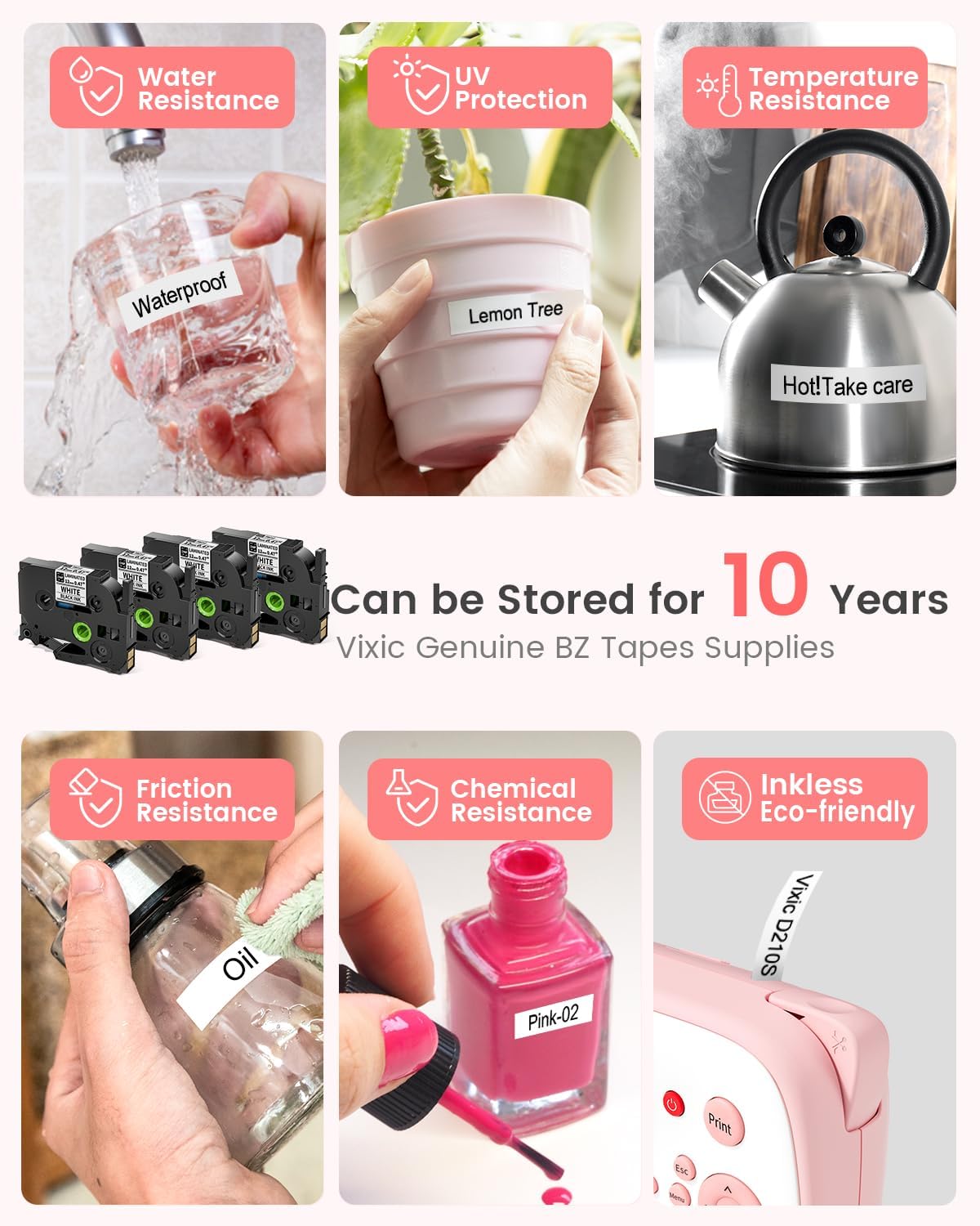 Pink Label Maker, D210S Label Maker with Tapes Waterproof, Handheld Label Makers Labeler Includes USB-C for Power, Easy-to-Read Screen, Multiple Fonts Icons Frames for Home Office Organization