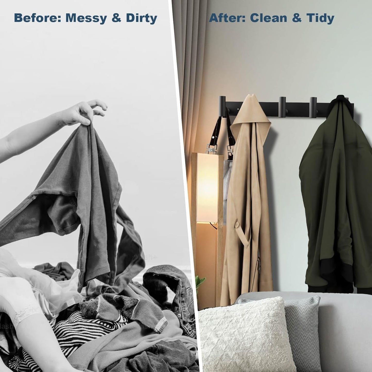 PMMASTO Coat Rack Wall Mounted, 5 "T Shaped Wall Hooks for Hanging, Heavy Duty Stainless Steel Coat Hook Rail for Hat Towel Robes in Bathroom Kitchen Mudroom Entryway (Black, 2 Pack)