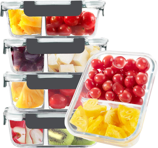 BAYZZ 5 Pack 35 Oz Glass Meal Prep Containers 2 Compartments, Glass Storage Containers with Lids, Airtight Lunch Bento Boxes, BPA-Free, Microwave and Freezer Safe