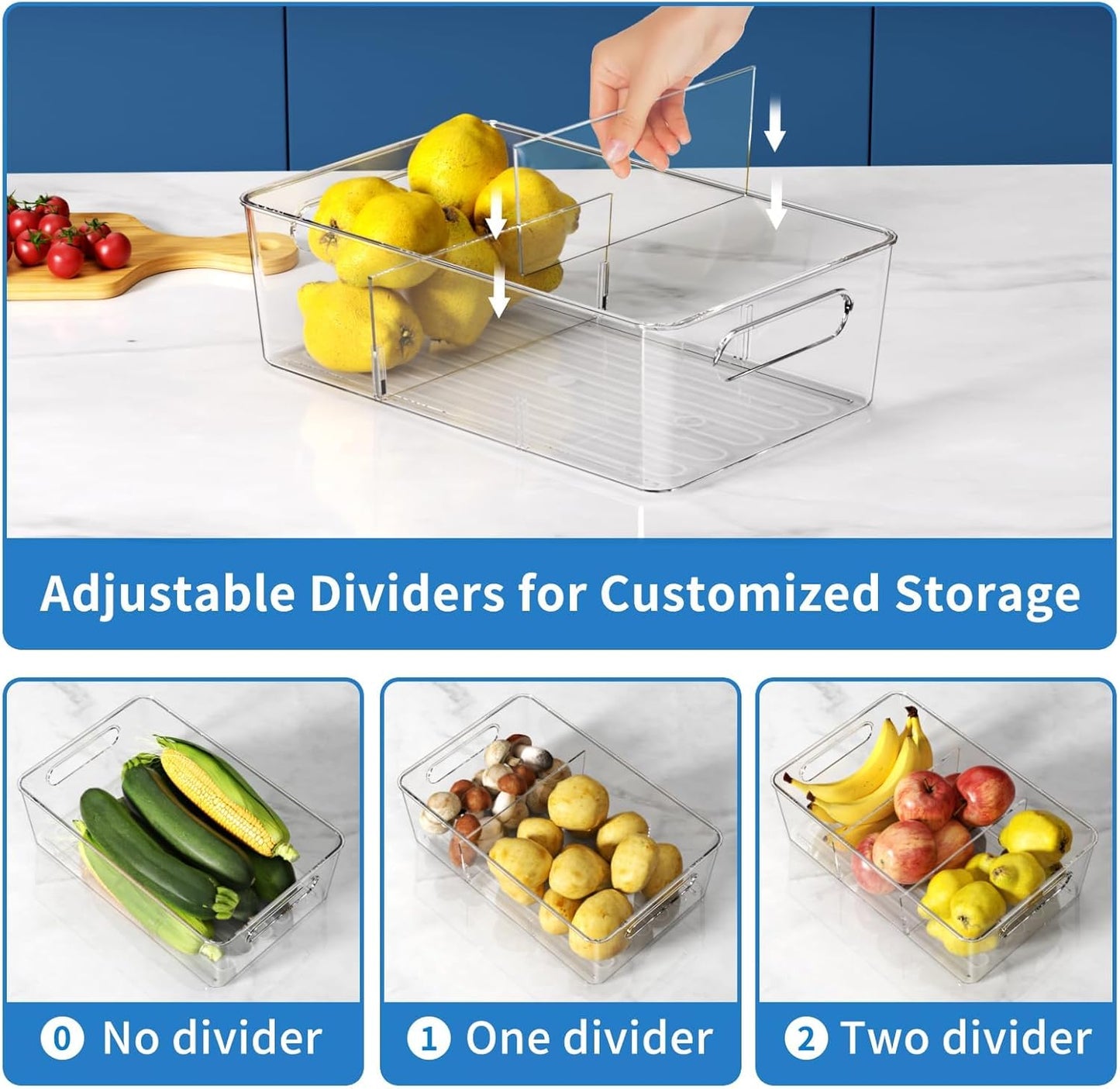 4 Pack Clear Pantry Organizers and Storage Bins with Divider, Transparent Plastic Basket, Refrigerator and Fridge Bins