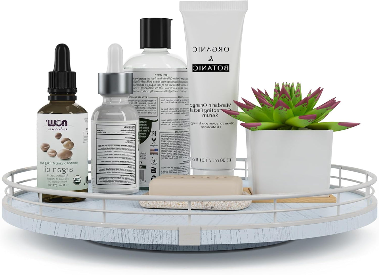 13" Oak Bathroom Vanity Tray Turntable for Perfume Candle, Round Wooden Decorative Tray for Kitchen Sink Countertop Organizer, Bathroom Counter Organizer for Skincare Makeup, Rustic White