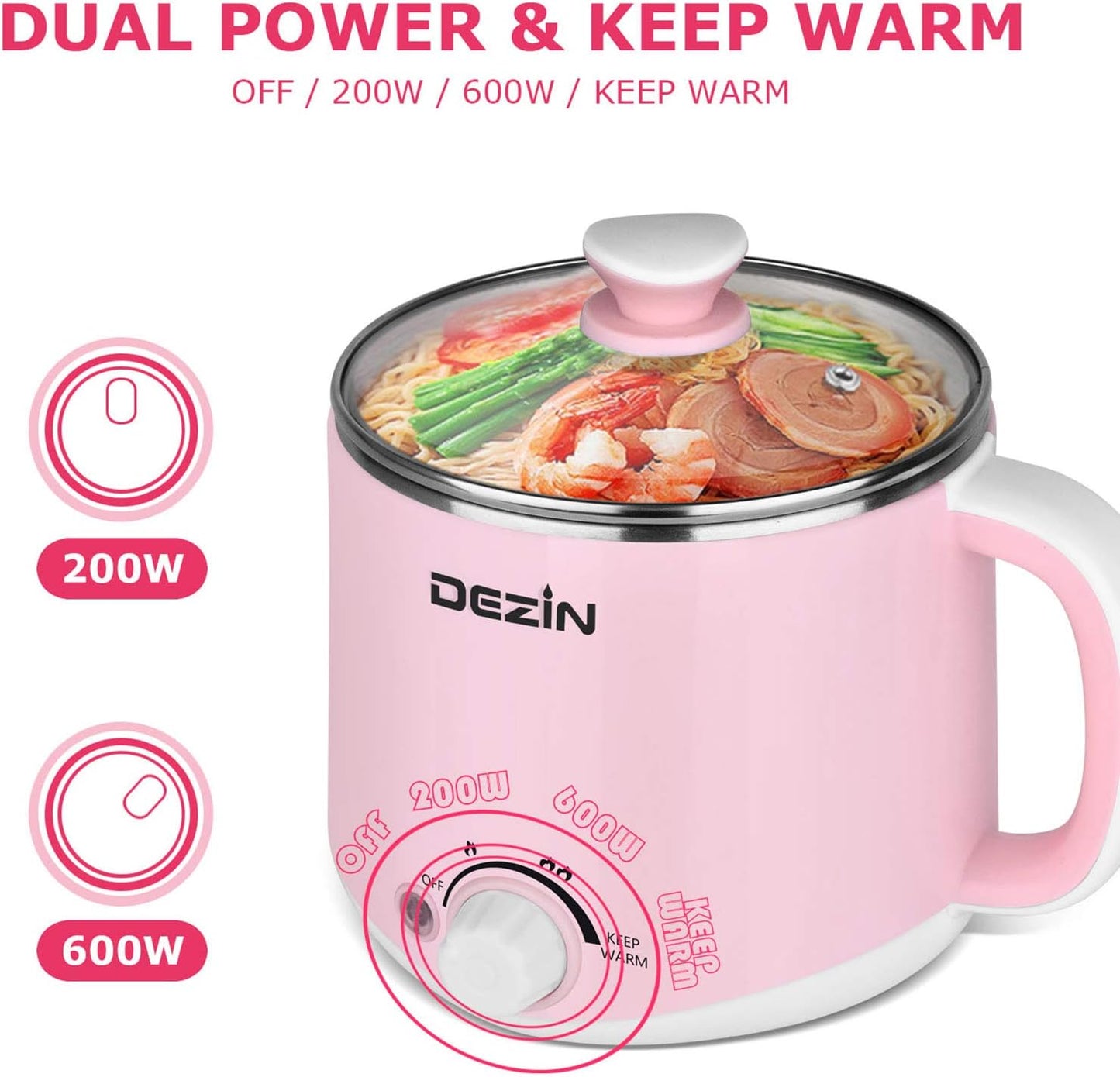 Dezin Hot Pot Electric, Rapid Noodles Cooker, Stainless Steel Electric Pot 1.6 Liter, Perfect for Ramen, Egg, Pasta, Dumpling, Soup, Porridge, Oatmeal with Temperature Control and Keep Warm Function