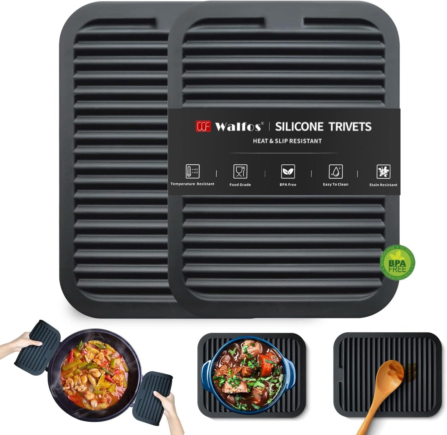 Walfos Trivets for Hot Dishes, Multi-Purpose Silicone Pot Holders, Hot Pads for Kitchen Hot Pots and Pans, Heat Resistant Silicone Mats for Kitchen Countertops, Non-Slip, 2 Pack, Black