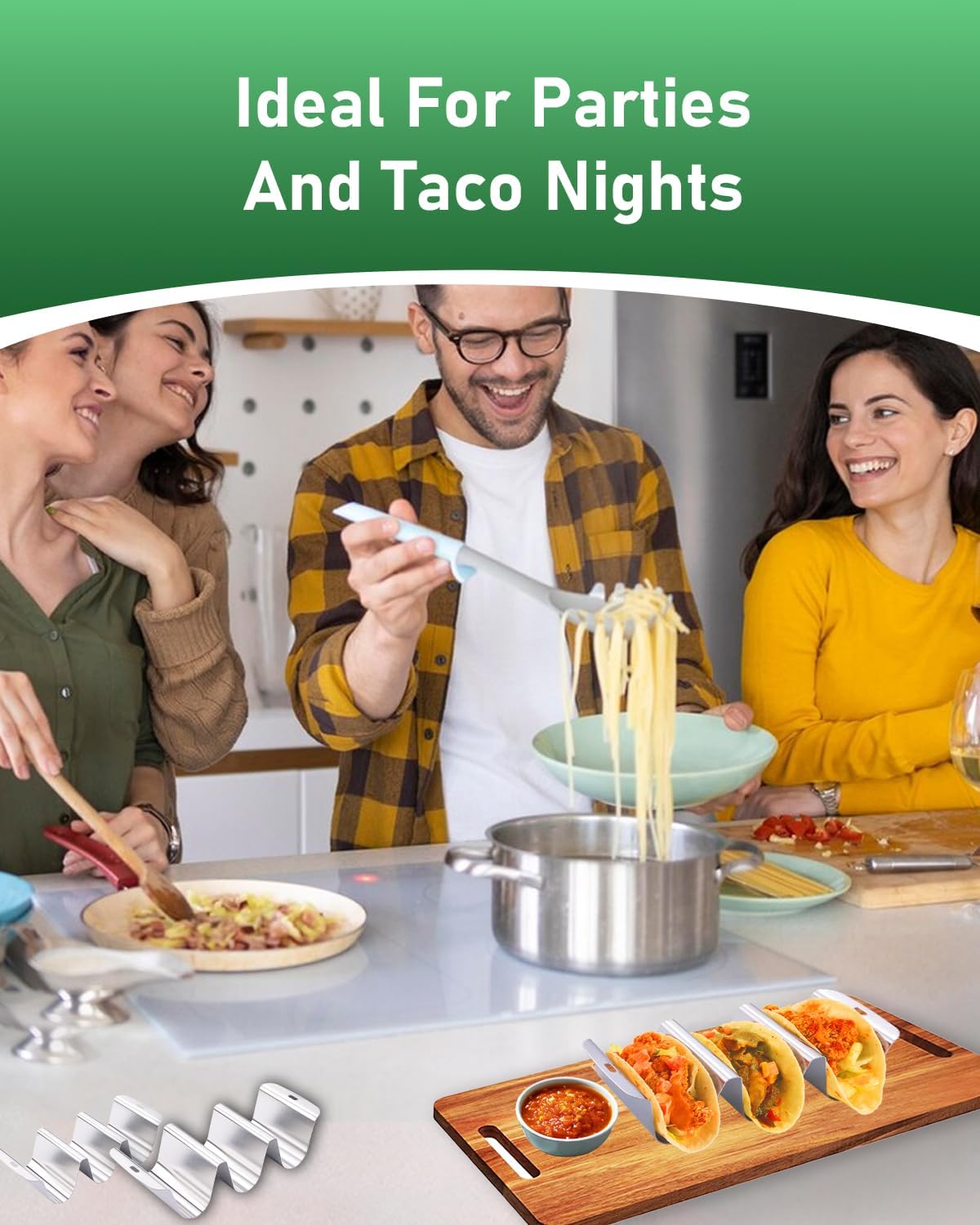 Stainless Steel Taco Holder Stand Set of 4, Total 12 Tacos, U-shape Taco Shell Holder with Handle, Each Stackable Rack Holder Up to 3 Tacos, Dishwasher & Microwave Safe