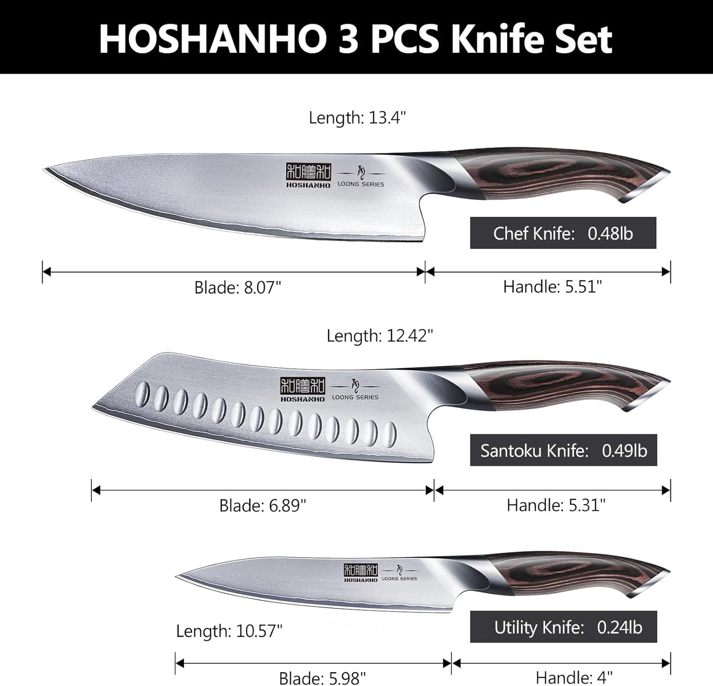3 Pieces Knife Set, Professional Japanese High Carbon Stainless Steel Kitchen Knife Set, Ultra Sharp Chef Knives Sets with Ergonomic Pakkawood Handle