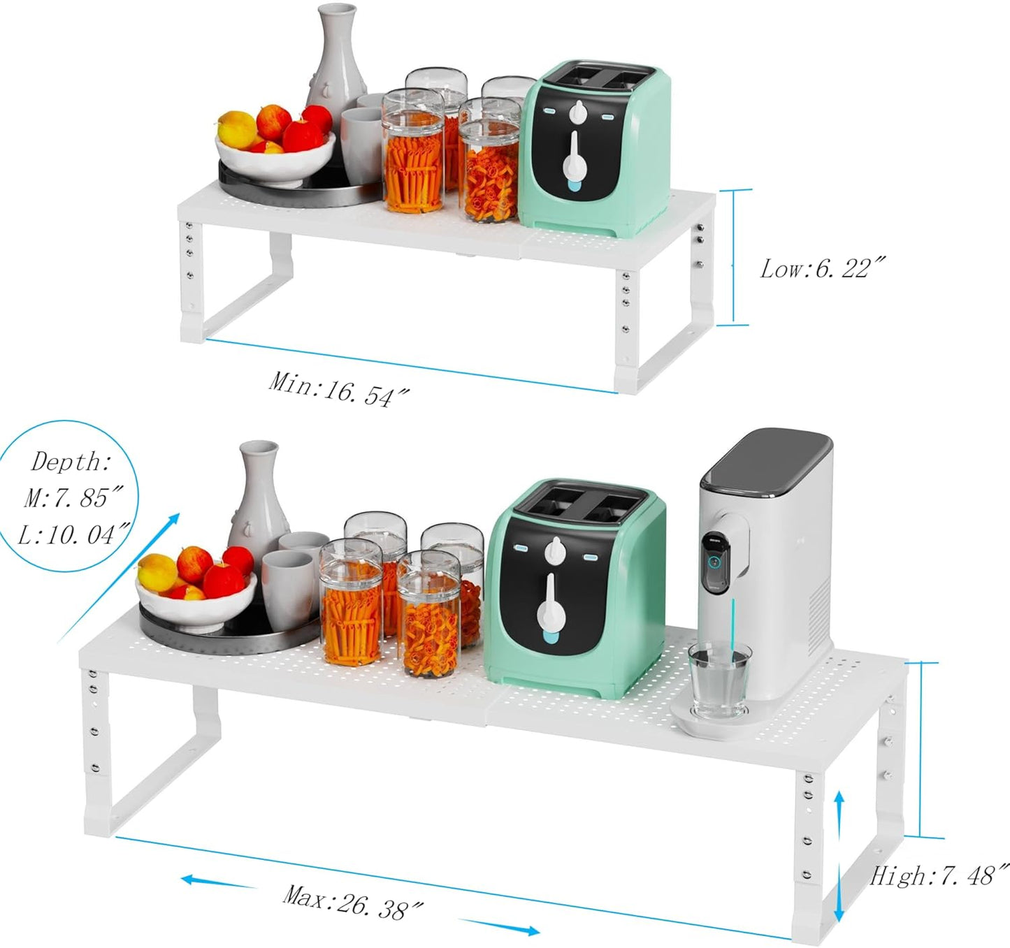 Expandable Spice Rack Kitchen Cabinet Shelf Organizer, Stackable Storage Shelves Racks, Adjustable Counter Shelving for Cabinets, Countertop, Cupboard,Pantry and More(1Pack/White/Medium)