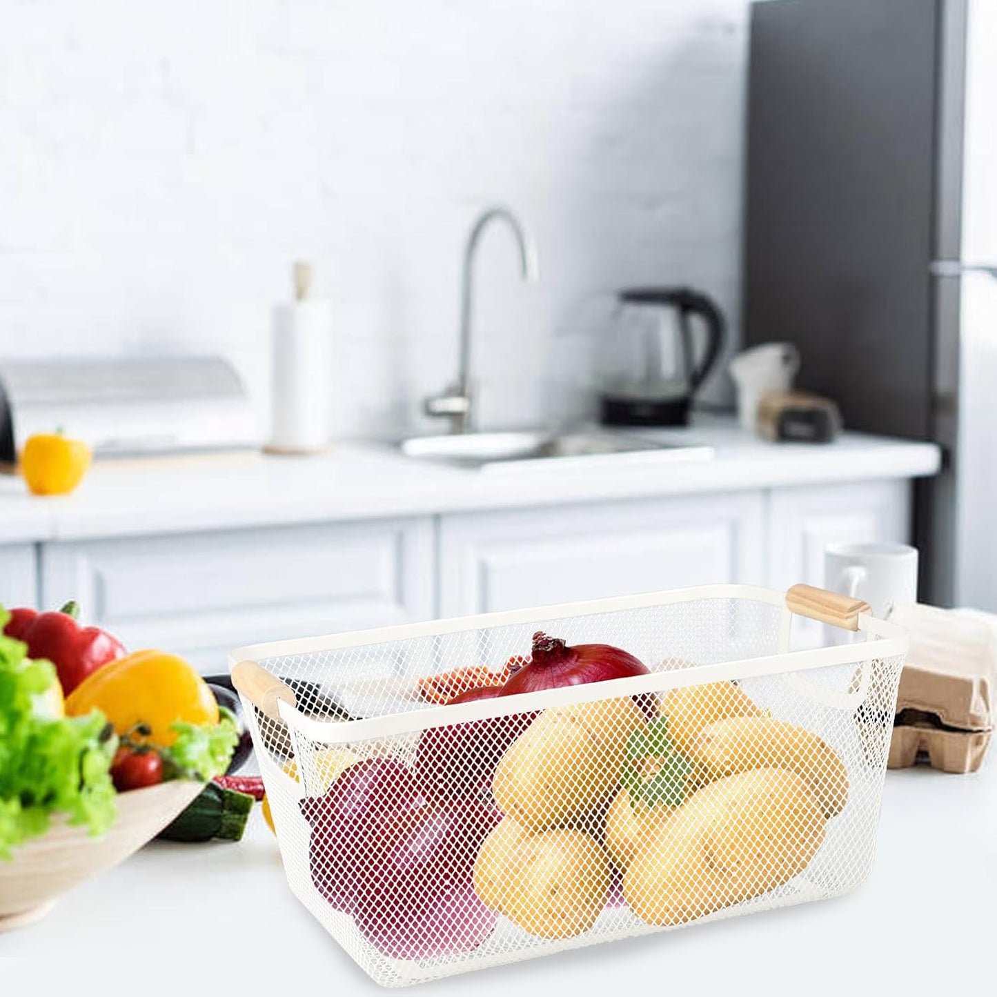 Potato and Onion Storage Bin, 2 Set Potato Bin Storage and Onion Container with Wooden Handle, Pantry Kitchen Organization and Storage, Metal Mesh Baskets for Fruit, Vegetable, Produce-White