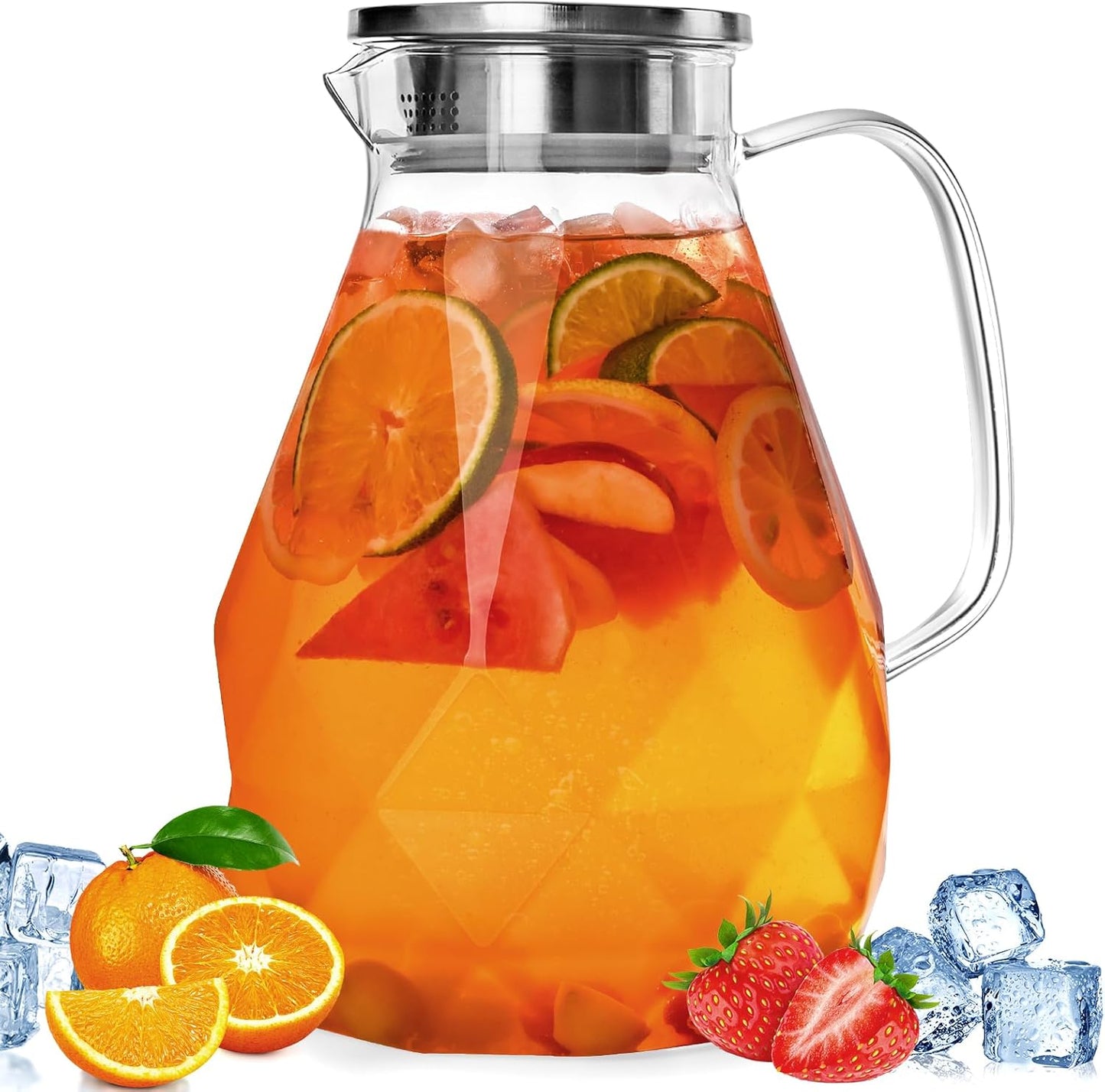 Glass Pitcher with Lid,1 Gallon Glass Water Pitcher Hot/Cold Water Jug, Juice and Iced Tea Beverage Carafe with Lid (Extra-Wide Mouth)