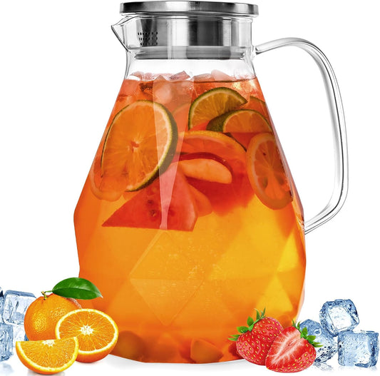 Glass Pitcher with Lid,1 Gallon Glass Water Pitcher Hot/Cold Water Jug, Juice and Iced Tea Beverage Carafe with Lid (Extra-Wide Mouth)
