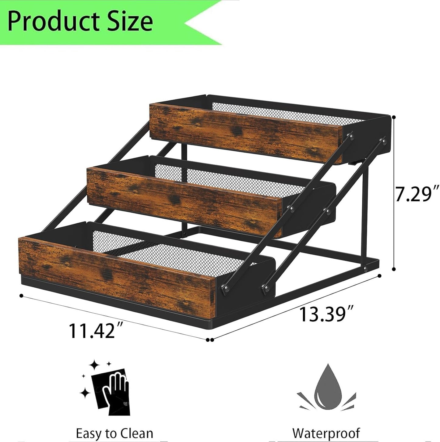 3 Tier Foldable Spice Rack Organizer for Countertop, Step Shelf with Spice Jars for Kitchen Cabinet Drawers Seasoning Rustic Wooden Spice Holder for Home, Cupboard or Door - 2PCS