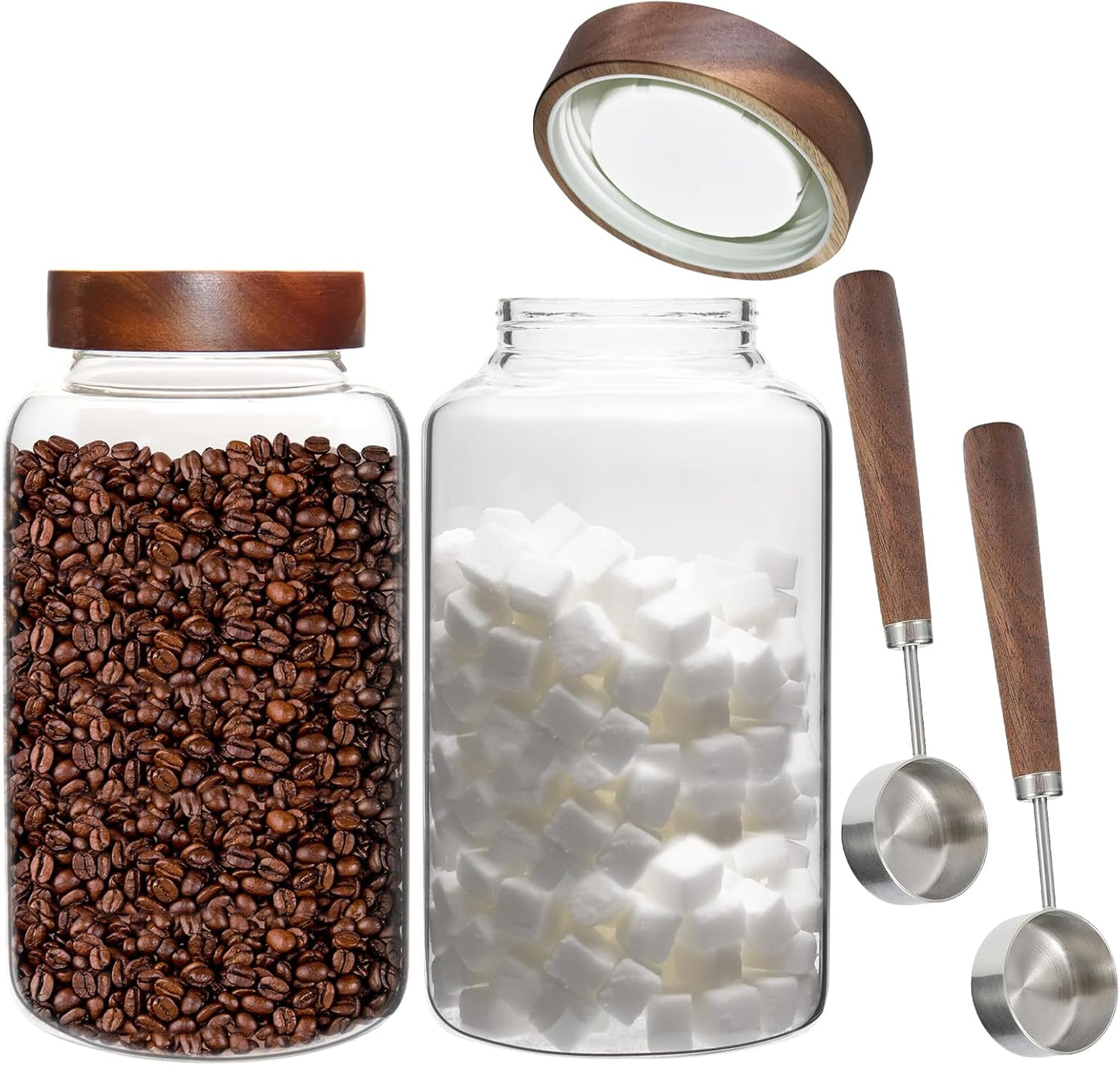 Glass Coffee Jars Spice Jar Round Storage Canister with Wooden Lid Clear Glass Food Jar for Pantry Sugar Tea Coffee Bean Spice Nuts Cookies Bath Salts (2300ml/77oz-2PACK(with spoon）)