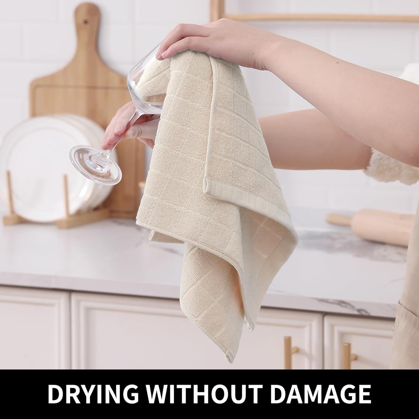 Homaxy 100% Cotton Terry Kitchen Towels(Beige, 13 x 28 inches), Checkered Designed, Soft and Super Absorbent Dish Towels, 6 Pack