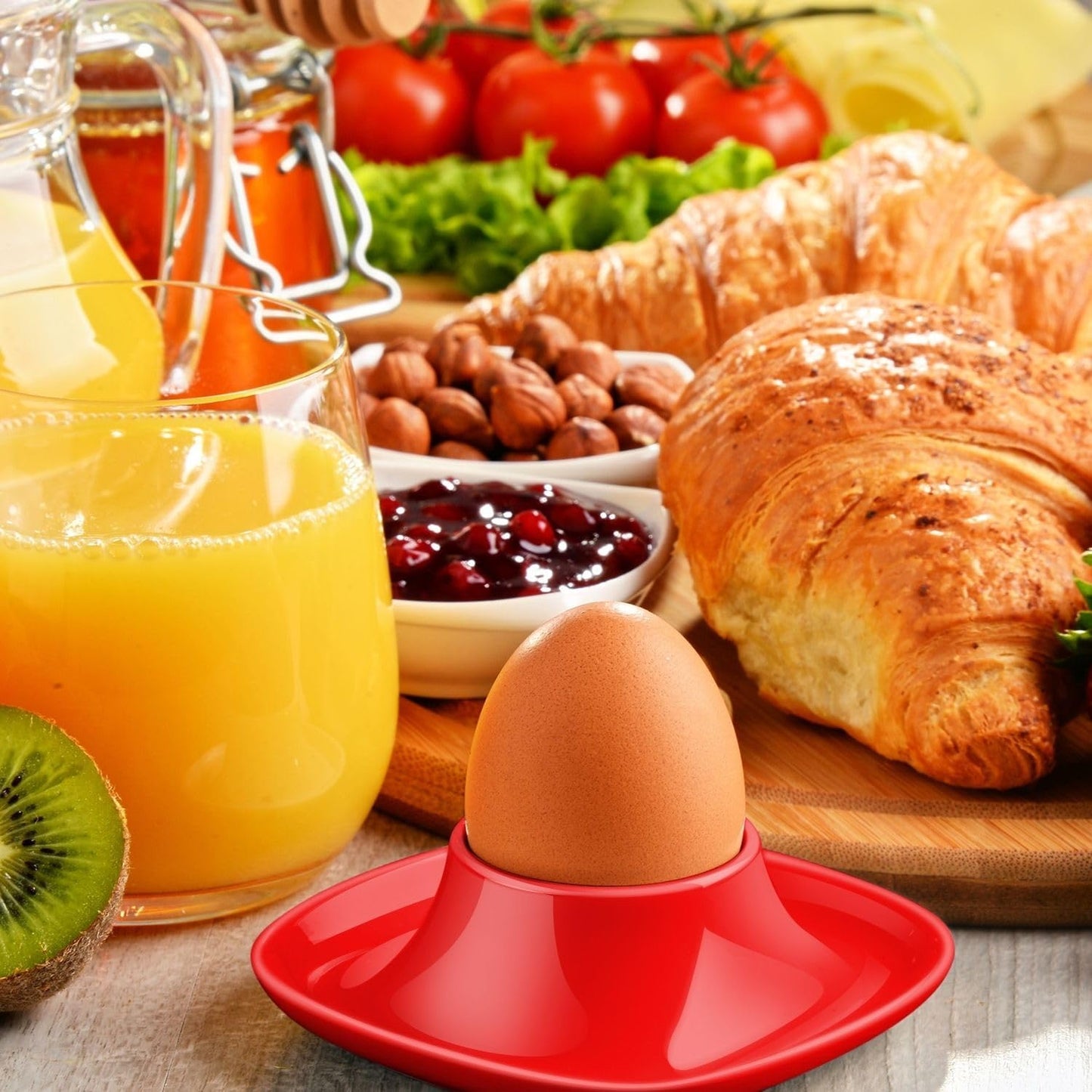 Flexzion Egg Cups for Soft Boiled Eggs - Set of 6 Ceramic Egg Holder - Stackable Egg Coddler Cups with Base for Serving, Breakfast, Brunch - Kitchen Table Decor, Red