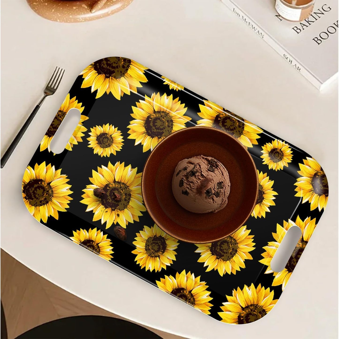 Serving Trays with Handles, 14.5 x 9.8 inch Rectangular Plastic Tray for Restaurant, Kitchen, Sunflower Black Background