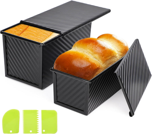 Beasea Pullman Loaf Pan with Lid, 2 Pack Non-Stick Bread Loaf Pans 1 lb & 0.5 lb Carbon Steel Bread Toast Box with Dough Scraper for Homemade Bread Toast Oven Baking - Black