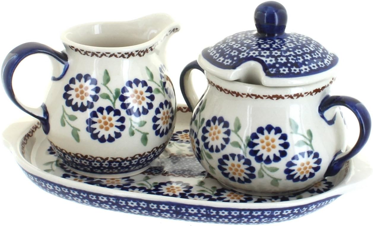 Blue Rose Polish Pottery Peach Blossom Sugar & Creamer Set with Tray