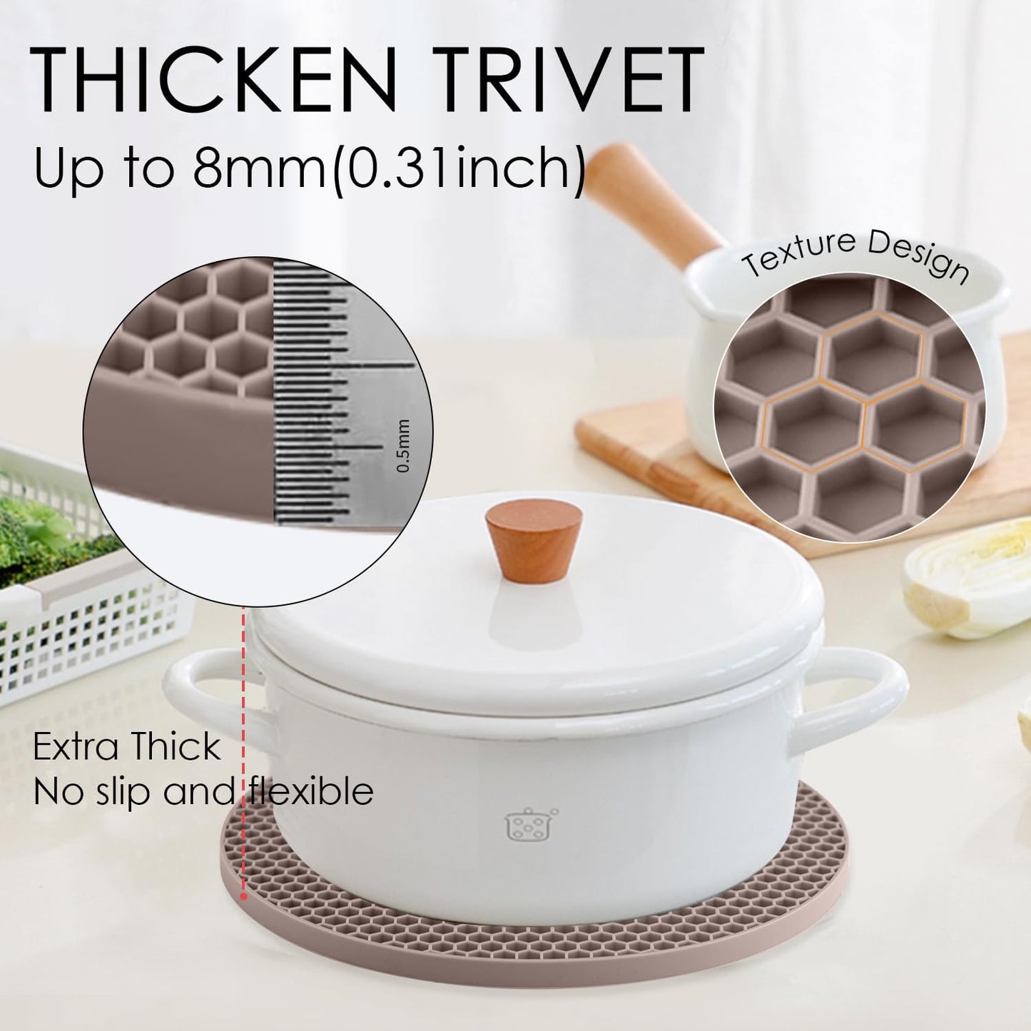 Silicone Trivets for Hot Dishes, 4 PCS Multipurpose Heat Resistant Mat Thick Silicone Hot Pads Pot Holders for Kitchen Counter, Flexible Jar Opener Food Grade Spoon Holder, Silicone Coasters (Almond)