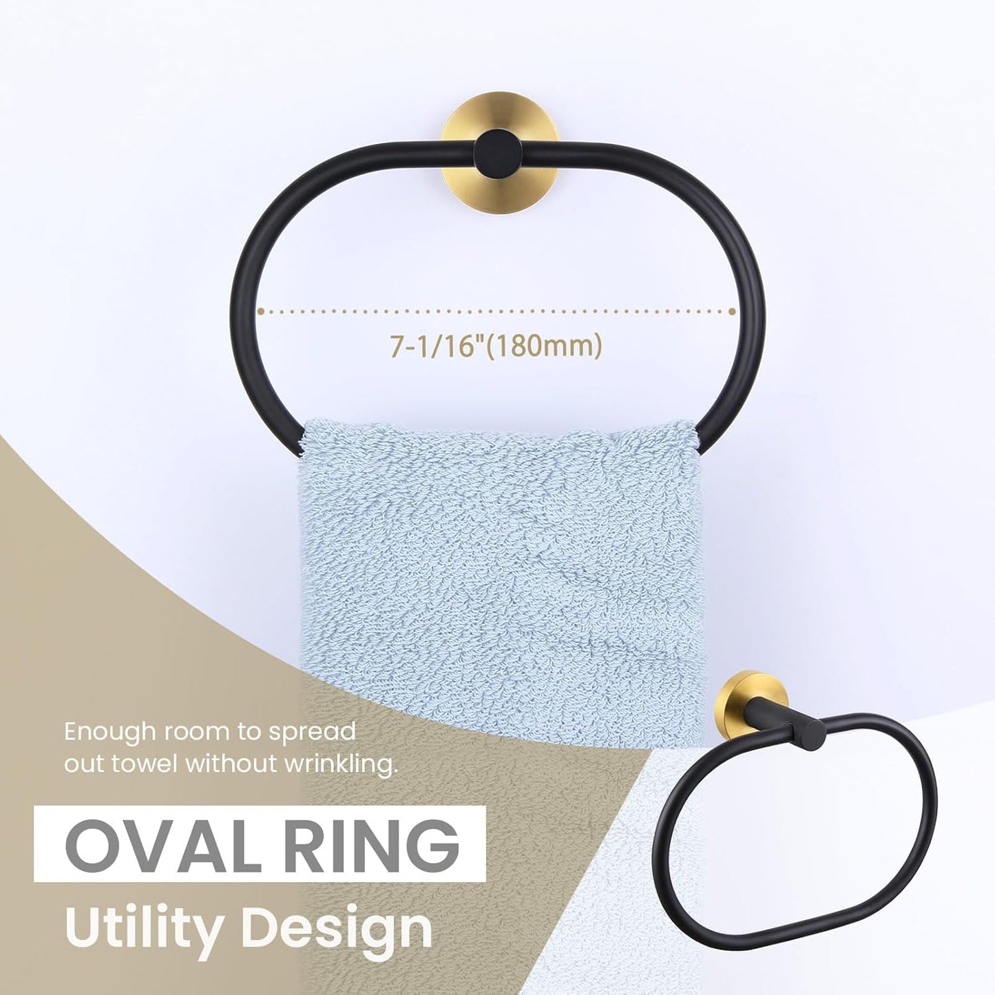Suyar Towel Ring, Stainless Steel Hand Towel Holder for Bathroom Wall, Oval Shape, Gold and Black