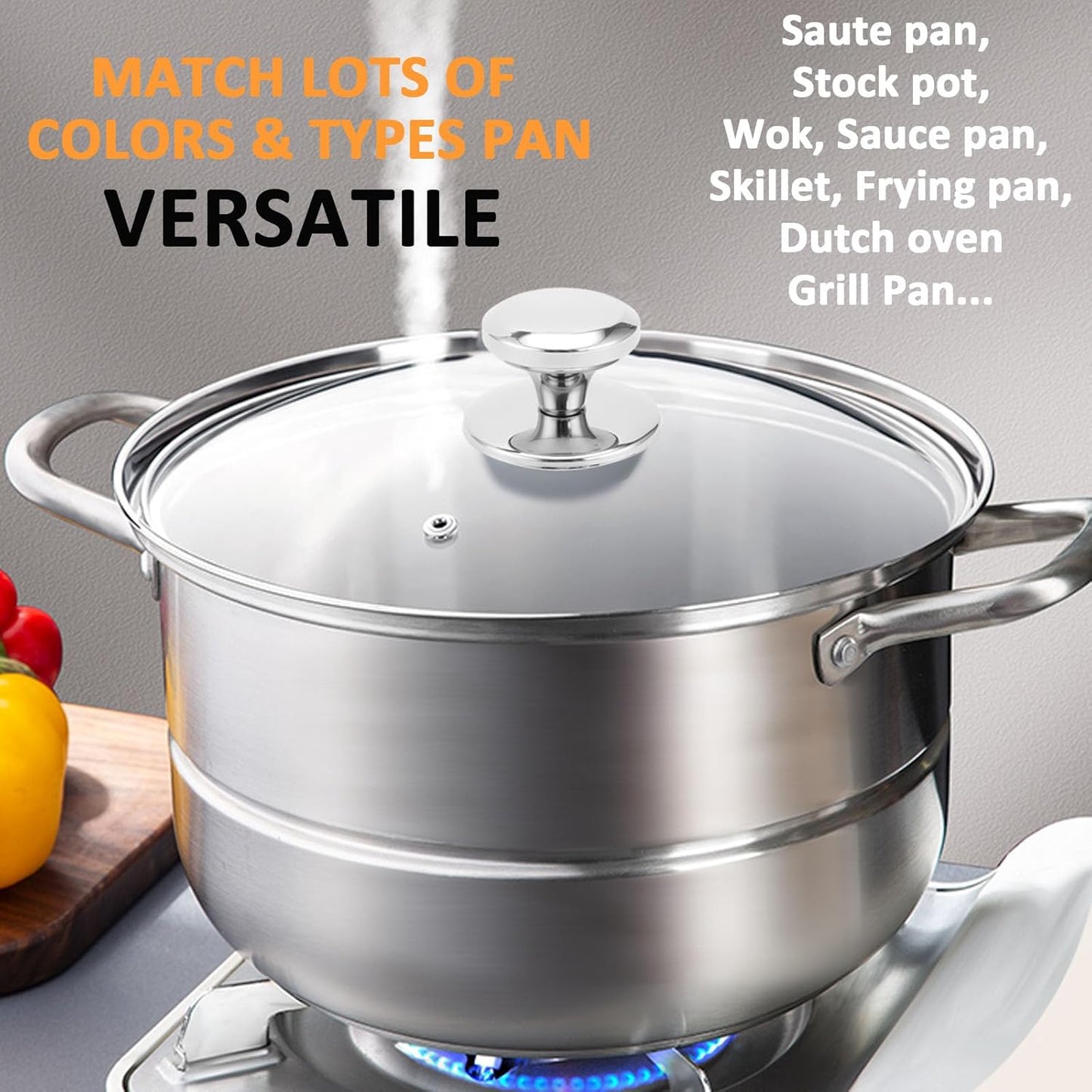 Glass Lid for 12.5 Inch Stainelss Steel Cast Iron Skillets Frying Pans, 32cm Tempered Lids for Dutch Ovens, 12.5 In Pan Cover with Stainless Steel Rim for Stock Pots, Dishwasher Safe