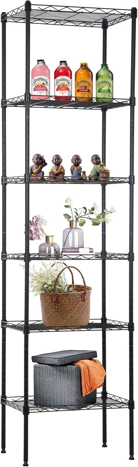 FDW 6 Tier Wire Shelving 17L x 12W x 64H Pantry Shelves Storage Rack Shelving Units Adjustable Metal Shelves for Kitchen Commercial Garage Small Places,Black