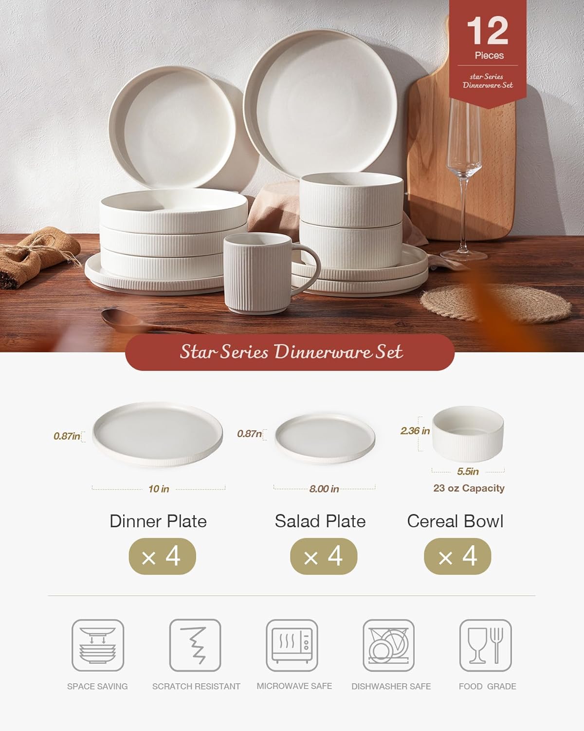 Famiware Star Dinnerware Set with Pasta Bowls, Service for 4 (16pcs), Ribbed Stoneware Plates and Bowls Dishes Sets - Chip & Scratch Resistant, Microwave & Dishwasher Safe, Matte White