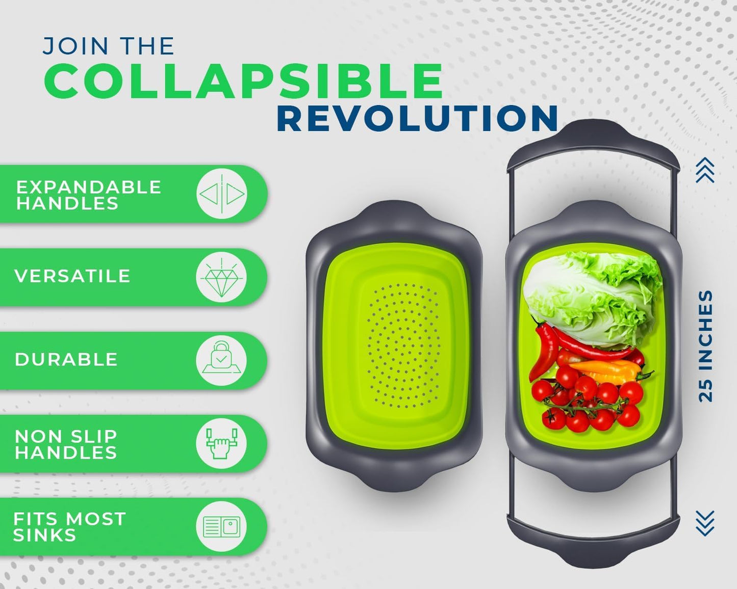 XL Large Kitchen Strainer by Comfify - Collapsible Silicone Over-The-Sink Colander with Extendable Handles - Use with Pasta, Fruit, Berries & Veggie - 6 Quart - Green