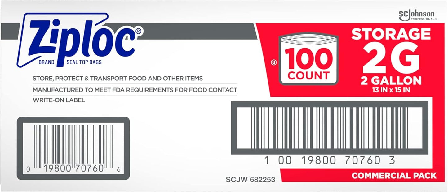 SC Johnson Professional Ziploc Storage Bags, For Food Organization and Storage, Double Zipper, 2 Gallon, 100 Count