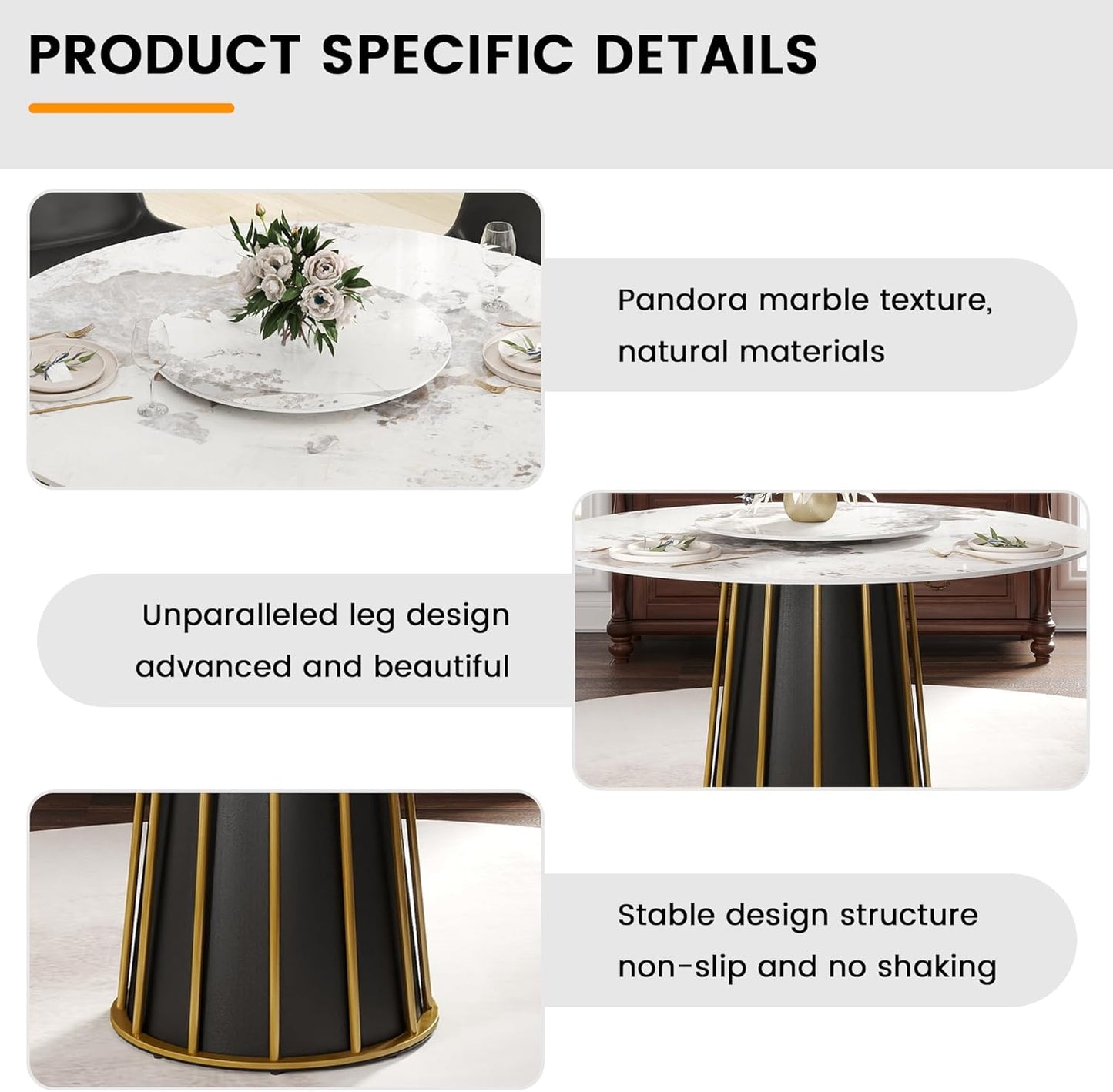 Montary 59" Modern Artificial Marble Round Dining Table with Metal Iron Base & 31.5" White Sintered Stone Turntable, Dining Room Table with Lazy Susan for 6-8 (Only Table)